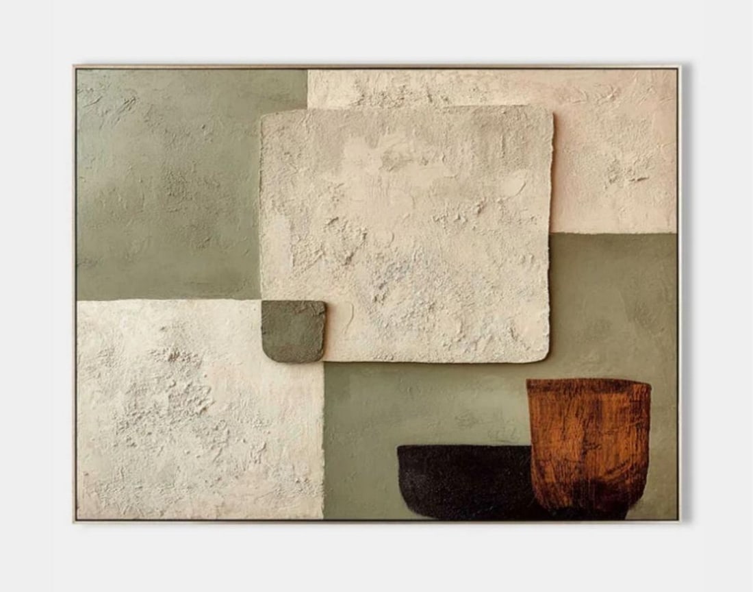 Quiet Geometry Wasabi-Sabi Canvas Painting: Quiet Geometry Wasabi-Sabi Canvas Painting Quiet Geometry explores the serenity found in order and minimalism. With its careful arrangement of muted blocks and soft color palette—sage, taupe, ivory,