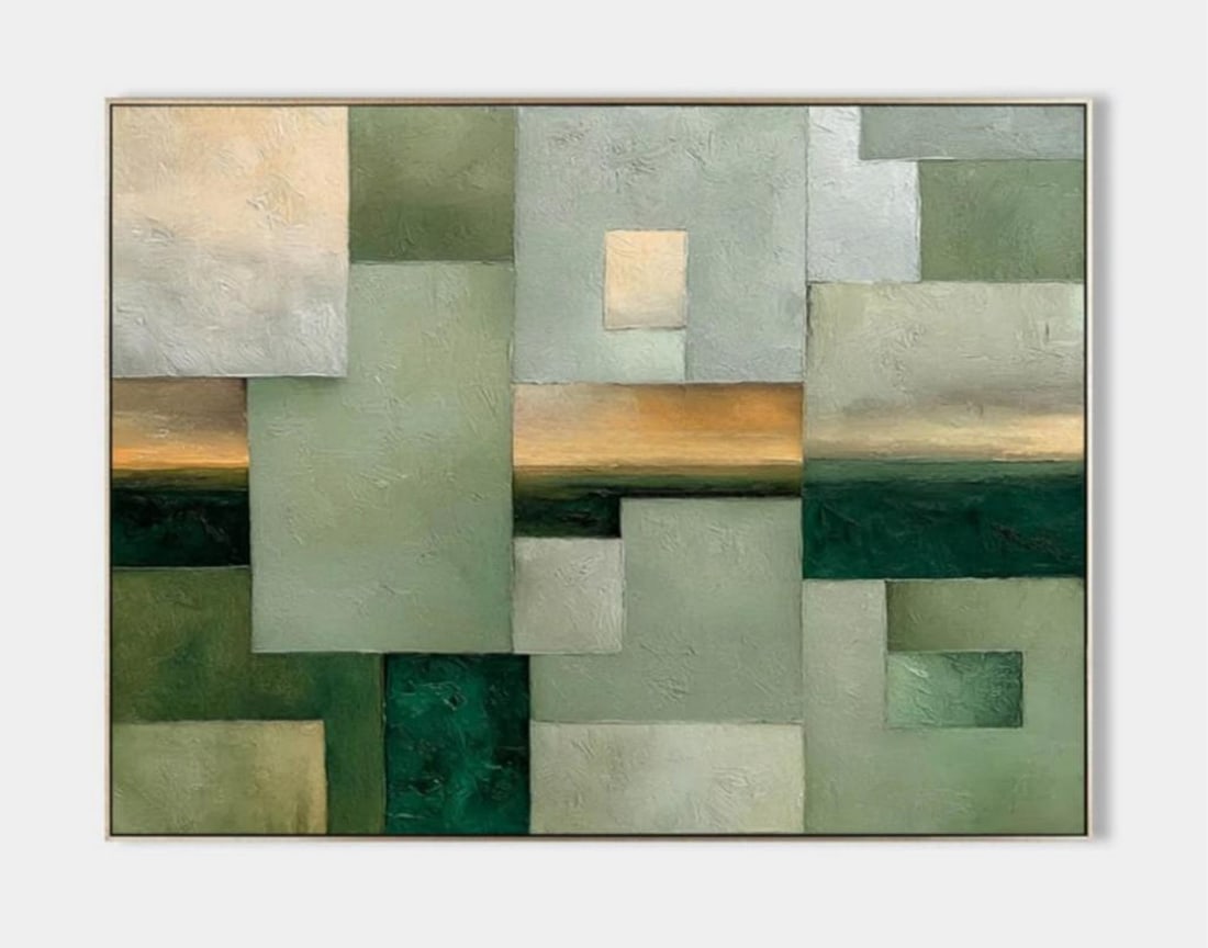 Urban Fossil Wasabi-Sabi Minimalist Canvas Painting: Urban Fossil Wasabi-Sabi Minimalist Canvas Painting Urban Fossil captures the quiet imprint of nature left behind in modern geometry. The textured blocks, reminiscent of stone tablets or weathered tre