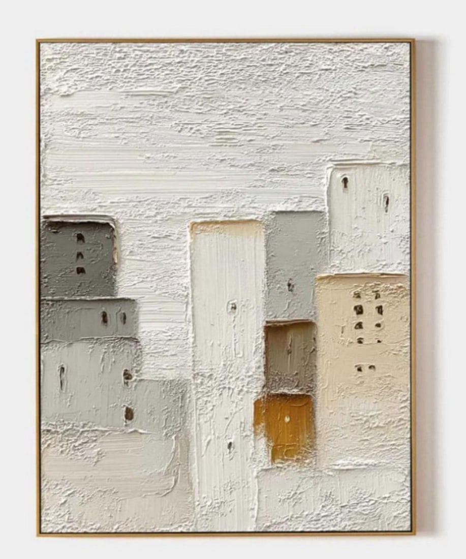 Echoes Through Fog Textured Art Canvas Painting: Echoes Through Fog Textured Art Canvas Painting This abstract composition evokes a dreamlike landscape bathed in mist. Faded silhouettes rise from the haze, resembling monolithic towers or weathered