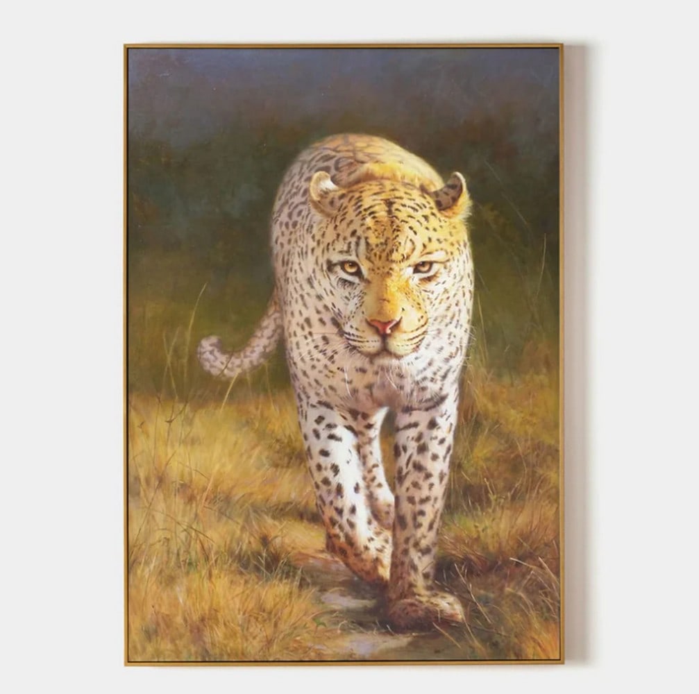 Shadow on the Savannah Hyperrealistic Art Canvas Painting: Shadow on the Savannah Hyperrealistic Art Canvas Painting Against the fading glow of dusk, a leopard strides with unshaken purpose through tall grasses that whisper with the wind. Its coat, dappled an