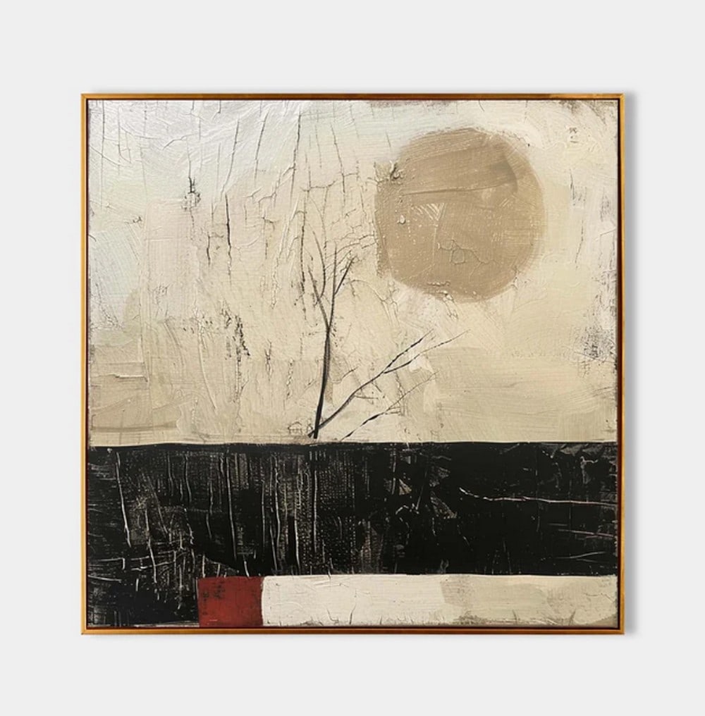 "Solitary Tree Under the Sun" Abstract Art Painting: "Solitary Tree Under the Sun" Abstract Art Painting This painting carries a minimalist and abstract essence. A large, textured beige circle dominates the upper portion of the canvas, evoking t