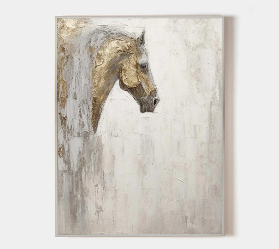 "Majestic Equine Elegance" Canvas Painting: "Majestic Equine Elegance" Canvas Painting This striking painting captures the side profile of a horse with a flowing mane, rendered in rich gold and white tones. The broad, expressive brushst