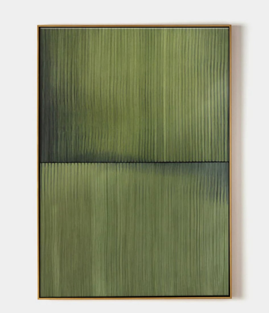 Bamboo Lines Abstract Art Canvas Painting: Bamboo Lines Abstract Art Canvas Painting A captivating abstract piece that immerses the viewer in a world of lush green tones. The upper section bursts with vertical streaks of vibrant hues, reminis