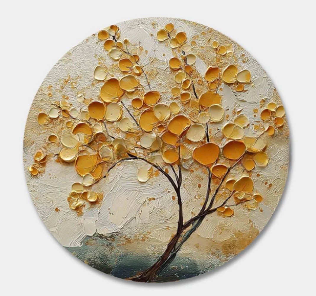 Golden Blossoms Textured Art Round Canvas Painting: Golden Blossoms Textured Art Round Canvas Painting This elegant painting showcases a tree with delicate, dark branches adorned with radiant golden blossoms, creating a striking contrast. The textured