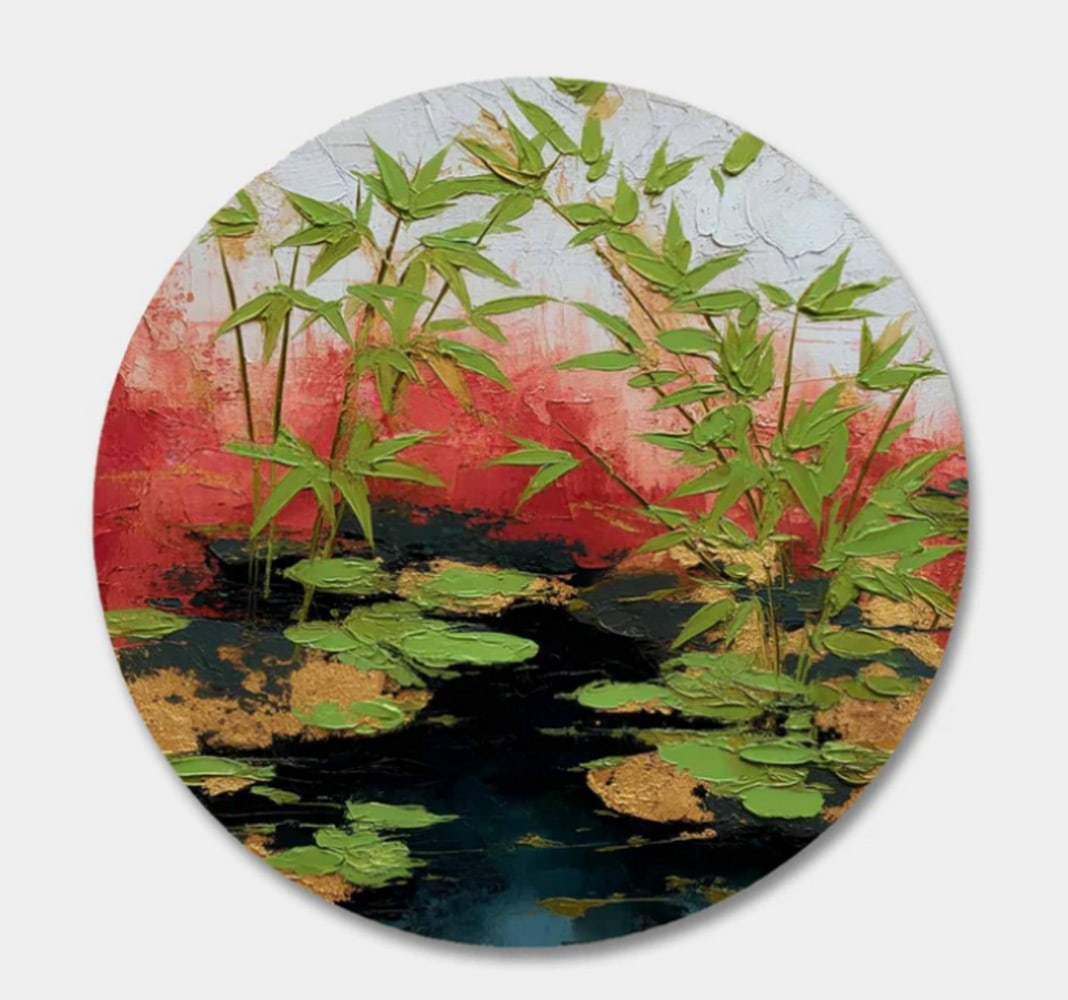 Tranquil Bamboo Reflections Round Canvas Painting: Tranquil Bamboo Reflections Round Canvas Painting This elegant painting embraces the quiet beauty of imperfection, this Wabi-Sabi wall art captures a tranquil scene of bamboo reflected in a still pon