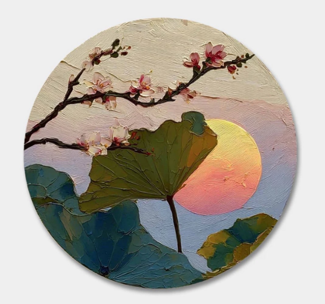 Sunset Bloom Round Canvas Painting: Sunset Bloom Round Canvas Painting This painting radiates warmth and quiet elegance, Sunset Bloom captures the fleeting beauty of petals bathed in evening light. This round canvas painting blends sof