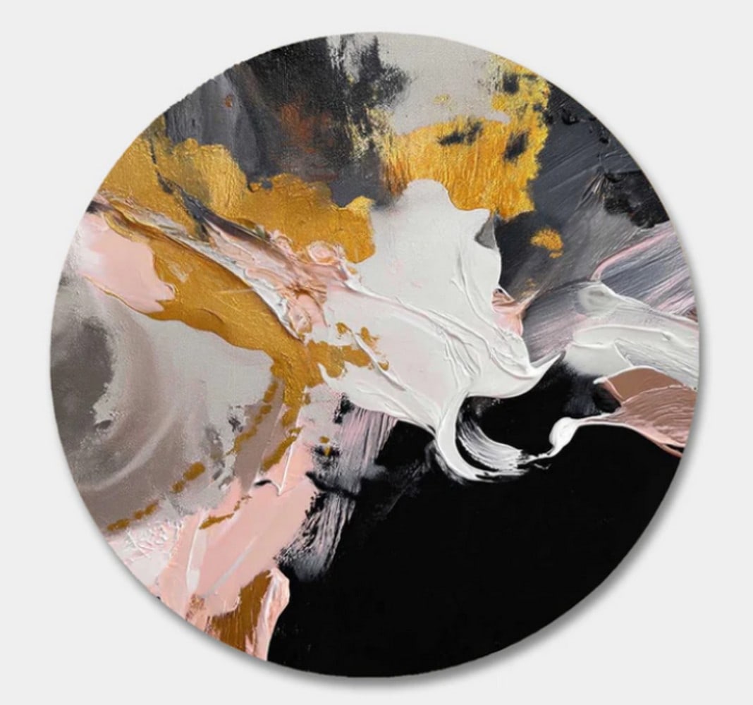 Eclipsed Radiance Round Canvas Painting: Eclipsed Radiance Round Canvas Painting Bold yet refined, Eclipsed Radiance is a modern abstract composition that layers gold, blush pink, crisp white, and deep black in striking contrast. The round