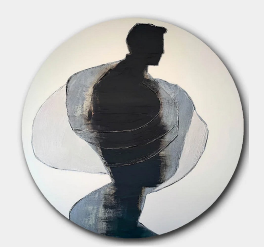 Silhouette in Motion Abstract Art Canvas Painting: Silhouette in Motion Abstract Art Canvas Painting This striking painting showcases a dark silhouette set against a vibrant, textured background. The figure is enveloped in fluid, abstract forms that e