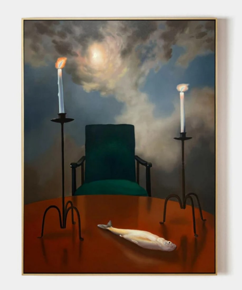 Contemplation of the Unknown Hyperrealism Canvas Art Painting: Contemplation of the Unknown Hyperrealism Canvas Art Painting This painting captures an intriguing and surreal atmosphere. At its center sits a dark green armchair, seemingly inviting yet enigmatic, p