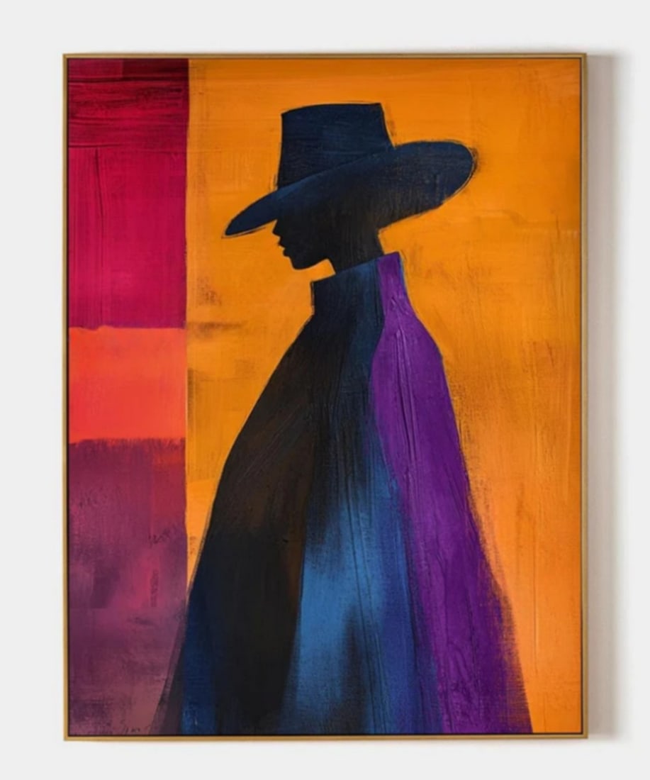 "Silhouette in Vibrant Hues" Abstract Canvas Art Painting: "Silhouette in Vibrant Hues" Abstract Canvas Art Painting This painting captures a striking silhouette of a figure adorned with a wide-brimmed hat and a flowing cloak. The deep, shadowy blues