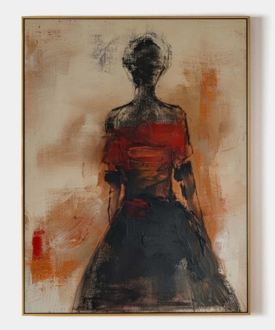 Solitary Reflection Wasabi-Sabi Style Canvas Painting: Solitary Reflection Wasabi-Sabi Style Canvas Painting This evocative painting portrays the back view of a woman standing in quiet contemplation. With a muted, textured background that exudes a sense o