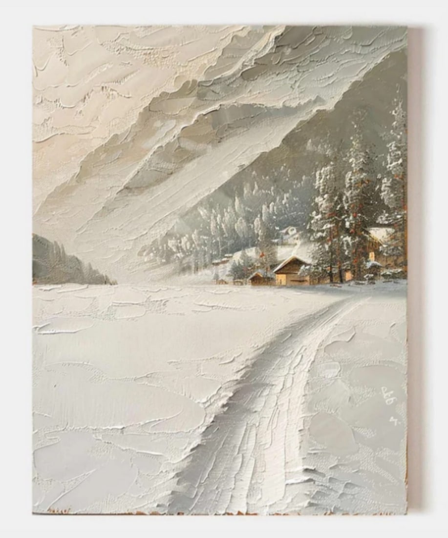 Winter Serenity Textured Canvas Painting: Winter Serenity Textured Canvas Painting This painting captures a peaceful winter landscape, where a snow-covered path winds through a forest of towering, frost-kissed trees. Cozy cabins nestled among