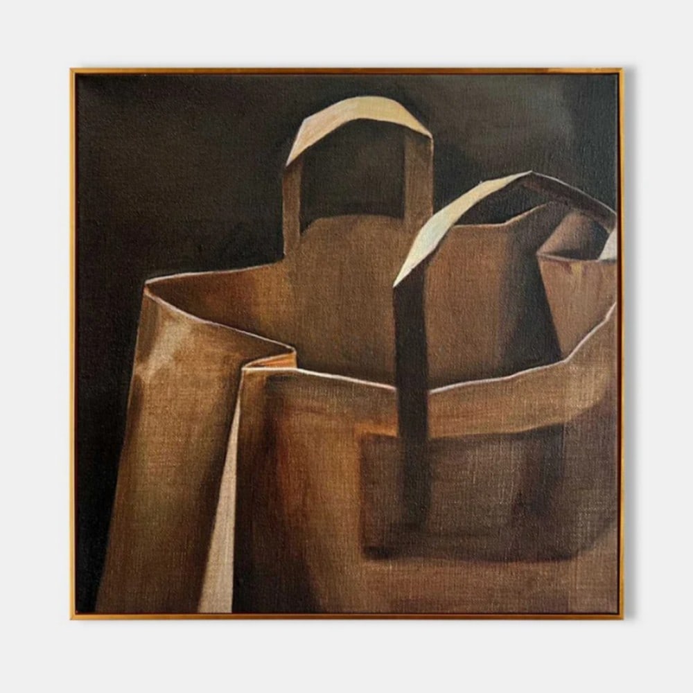 "Brown Paper Bag Still Life" Hyperrealistic Canvas Painting: "Brown Paper Bag Still Life" Hyperrealistic Canvas Painting This painting presents a single brown paper bag with handles, standing against a dark background. The artist has meticulously captur