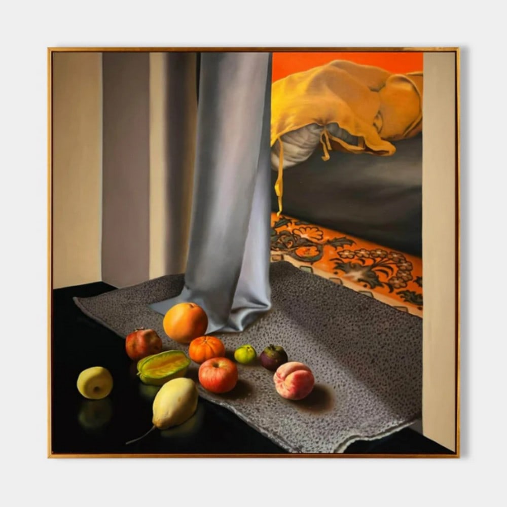 "Fruits in the Morning Light" Hyperrealistic Canvas Painting: "Fruits in the Morning Light" Hyperrealistic Canvas Painting This evocative painting captures a dreamlike scene where an assortment of fruits—apples, pears, and more—rests casually on a te