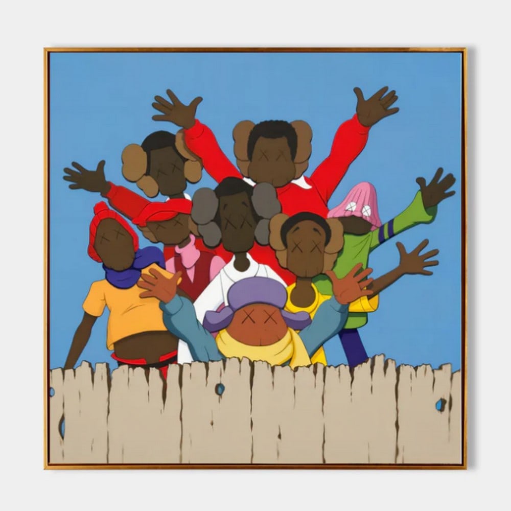 "Joyful Gathering" Pop Art Canvas Painting: "Joyful Gathering" Pop Art Canvas Painting This vibrant painting captures a group of seven individuals standing behind a wooden fence, their arms raised in exuberance. Dressed in colorful atti