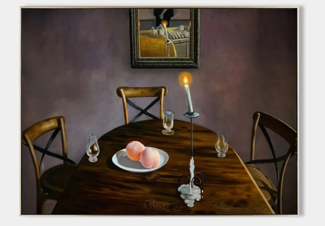 Still Life with Peaches and Candle Hyperrealistic Canvas Painting: Still Life with Peaches and Candle Hyperrealistic Canvas Painting This painting captures a serene still life scene. A plate with two ripe peaches sits on a wooden table, surrounded by glasses and a so