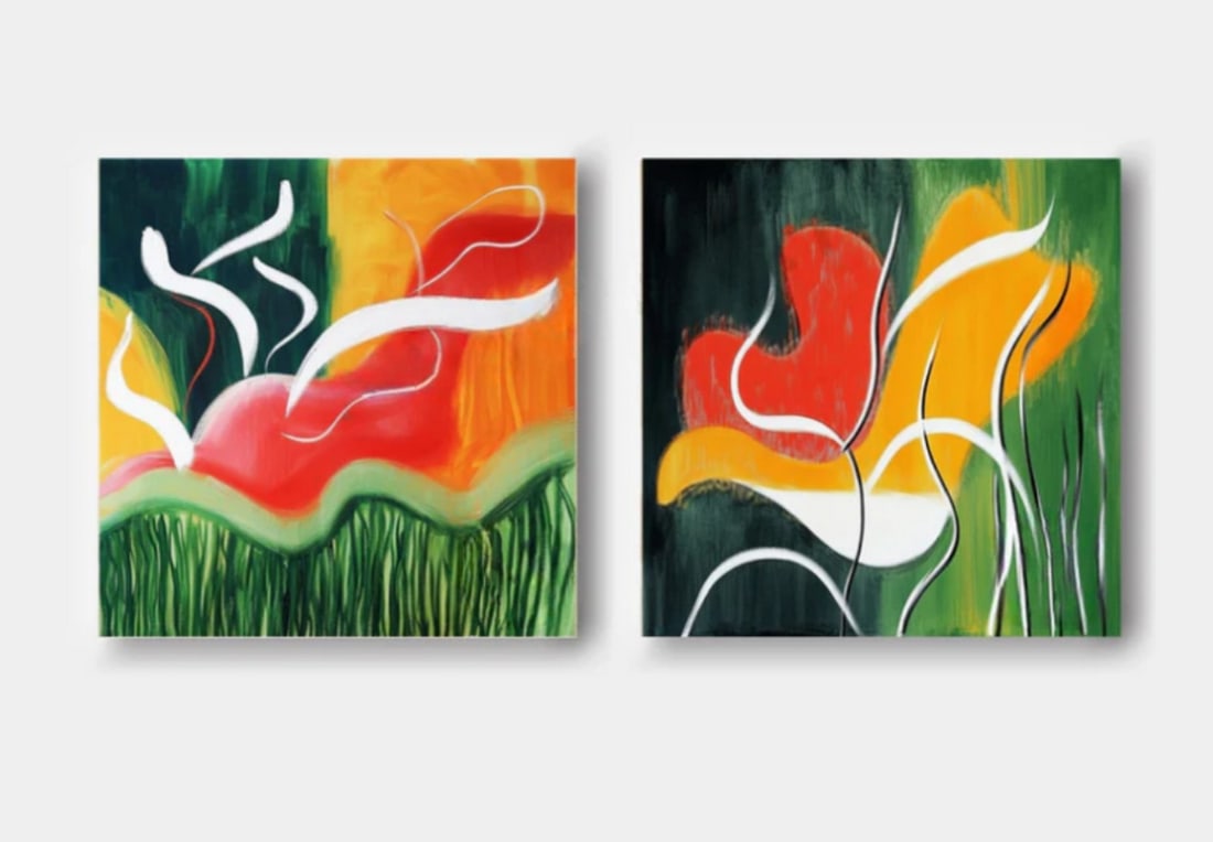 "Floral Symphony" Set of 2 Abstract Art Canvas Painting: "Floral Symphony" Set of 2 Abstract Art Canvas Painting This dynamic set of two paintings captures the energy and vibrancy of abstract floral designs. Bold reds, oranges, and greens blend harm