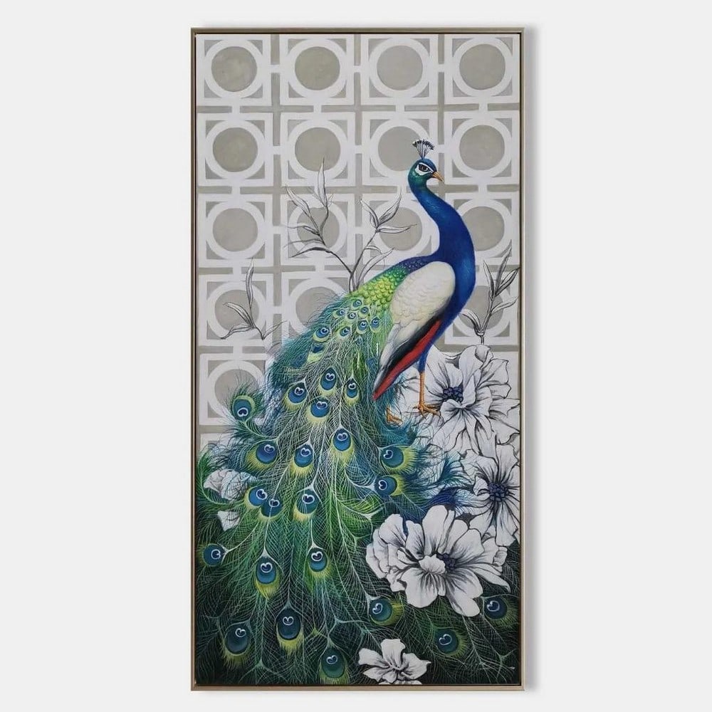 Geometric Peacock and Floral Canvas Painting: Geometric Peacock and Floral Canvas Painting This elegant canvas painting blends the natural beauty of a peacock with modern geometric design. The vibrant plumage cascades in rich shades of green,