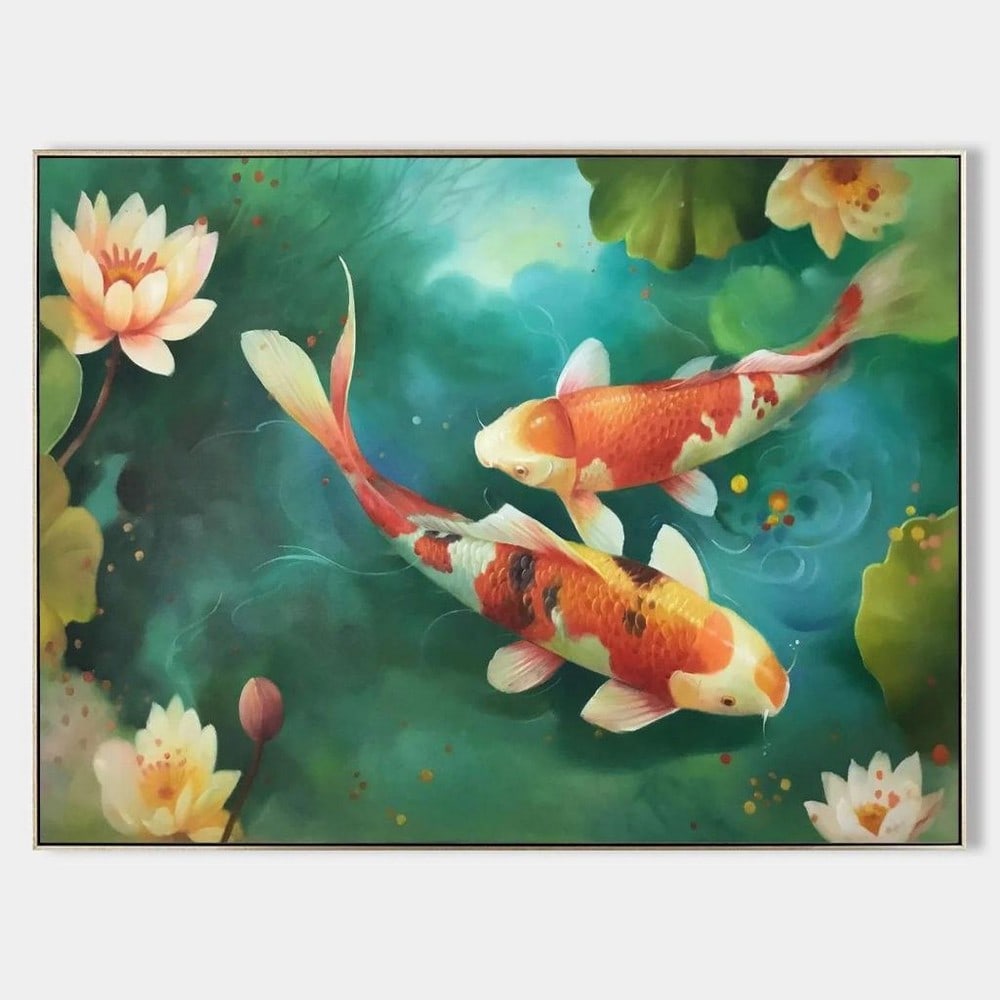 Koi Fish and Water Lily Canvas Painting: Koi Fish and Water Lily Canvas Painting This serene canvas painting features two vibrant koi fish gliding through a tranquil pond, surrounded by blooming water lilies. Rendered in rich shades of