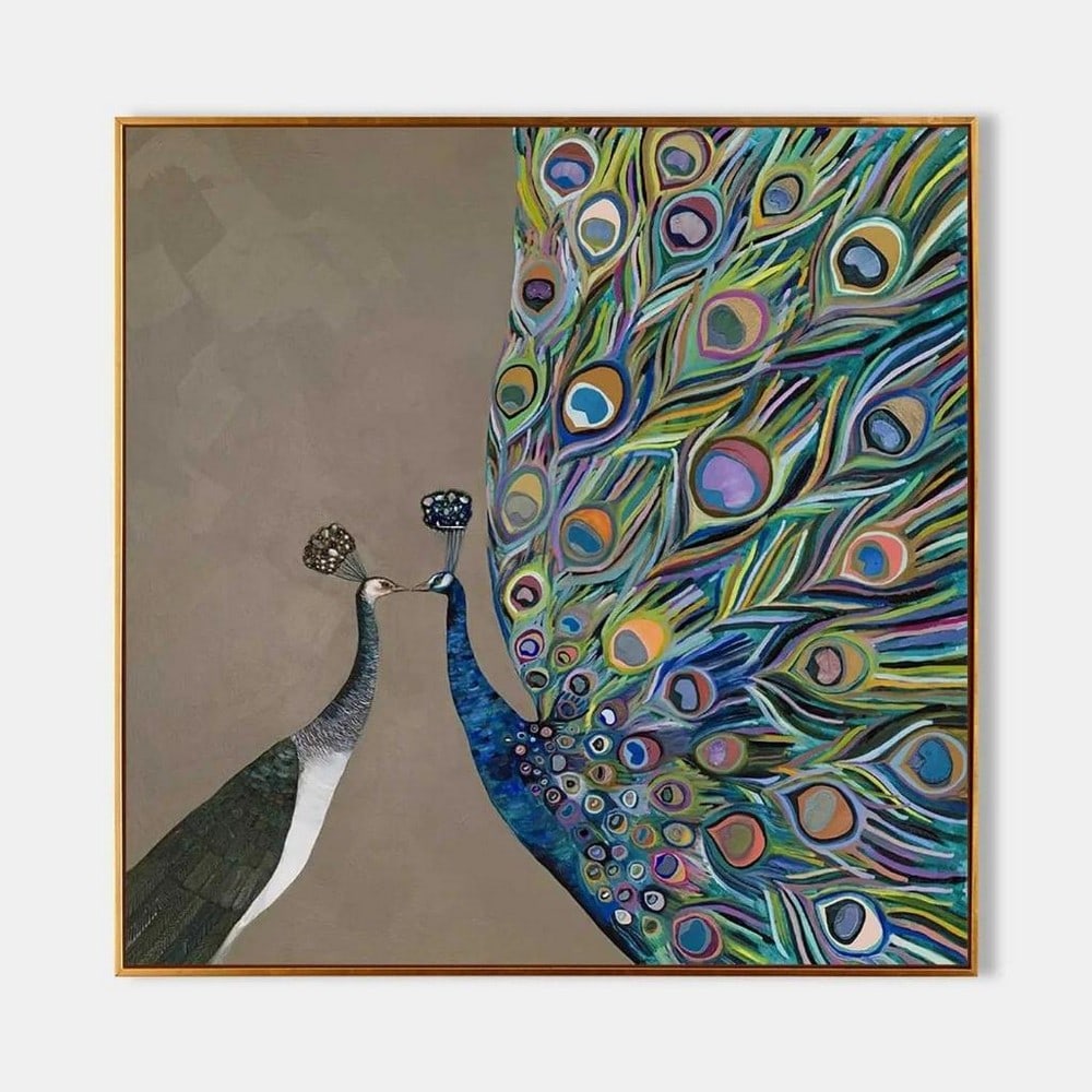Stylized Realism Peacock Pair Canvas Painting: Stylized Realism Peacock Pair Canvas Painting This elegant canvas painting features two peacocks facing each other in a striking contrast of color and style. One bird is rendered in soft tones of