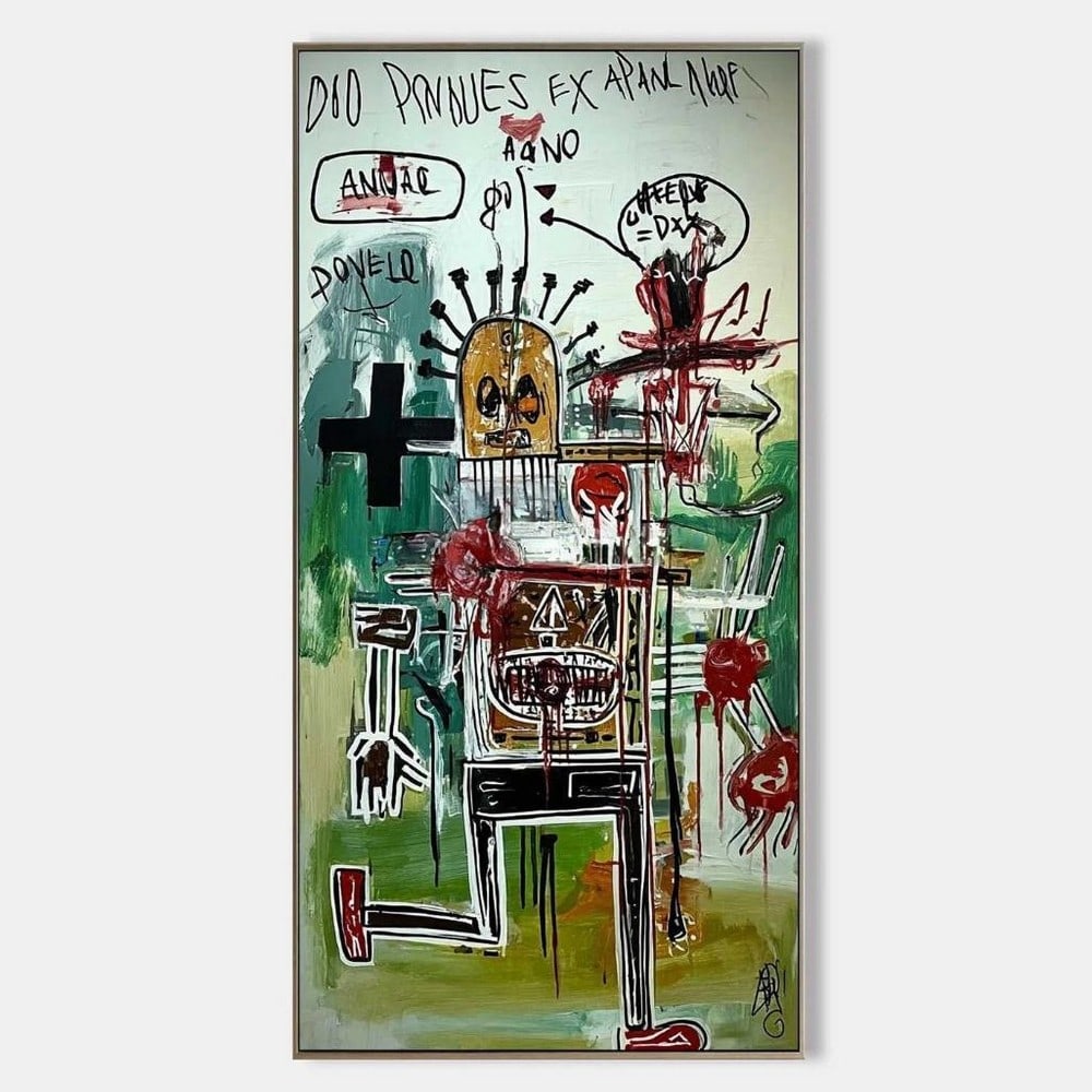 Neo-Expressionist Abstract Canvas Painting: Neo-Expressionist Abstract Canvas Painting This bold canvas painting channels the raw energy and emotive intensity of neo-expressionist art, inspired by the style of Jean-Michel Basquiat. A central