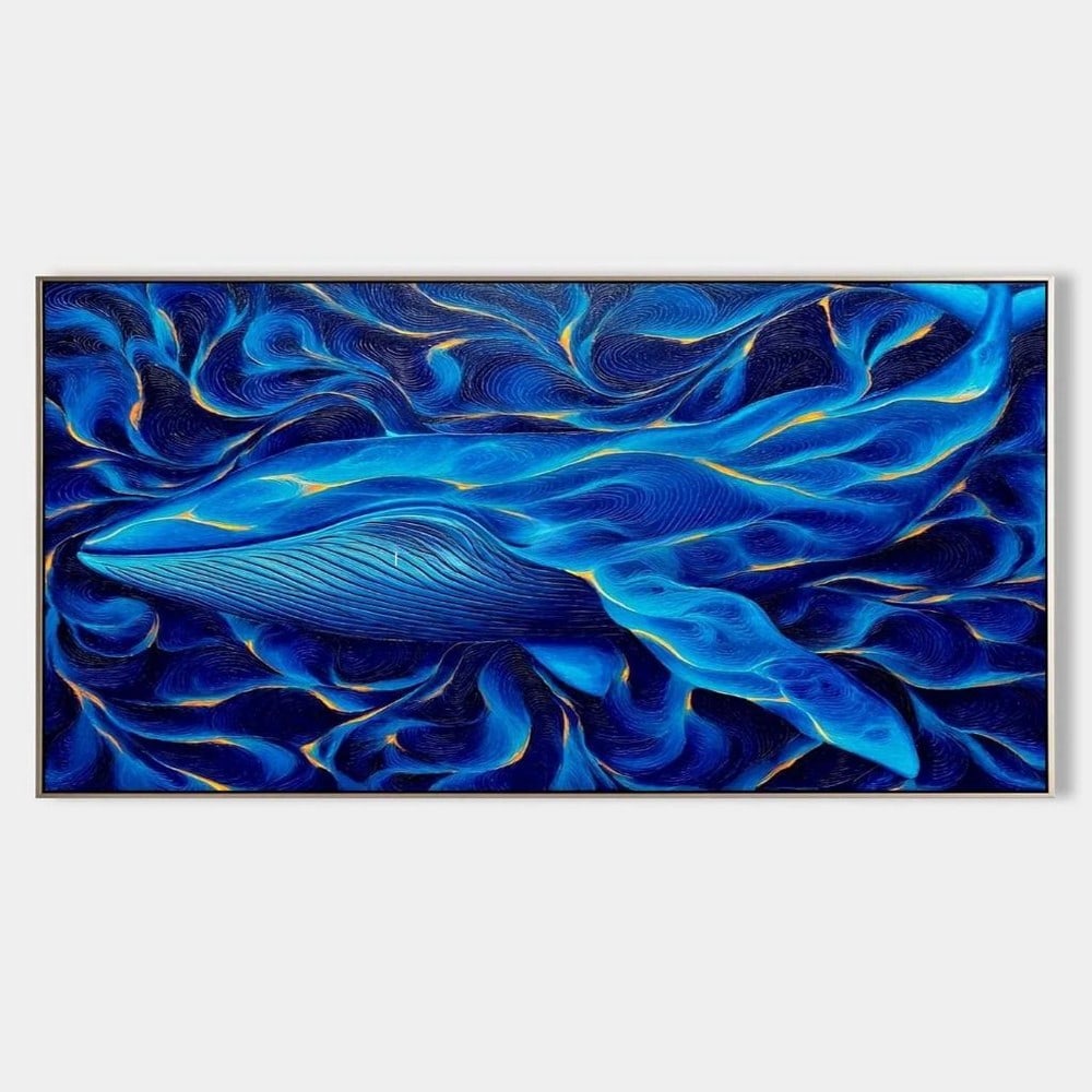 Stylized Marine Life Blue Whale Canvas Painting: Stylized Marine Life Blue Whale Canvas Painting This vibrant canvas painting captures the graceful motion of a blue whale swimming through swirling currents. Rendered in rich shades of blue with