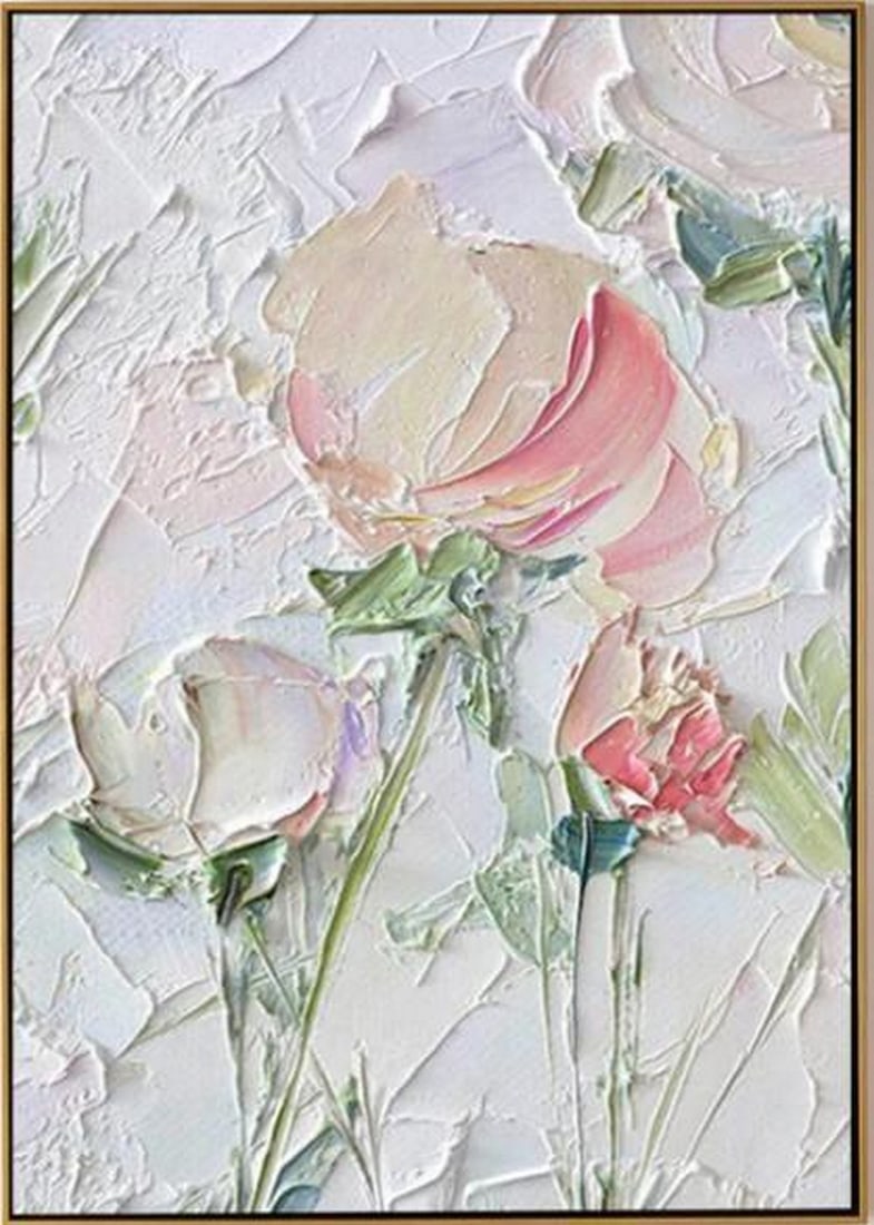 Petals in Bloom: Petals in Bloom Petals in Bloom is a striking 3D acrylic painting that brings floral elegance to life through layered texture and delicate detail. Sculpted petals in soft white and blush pink rise