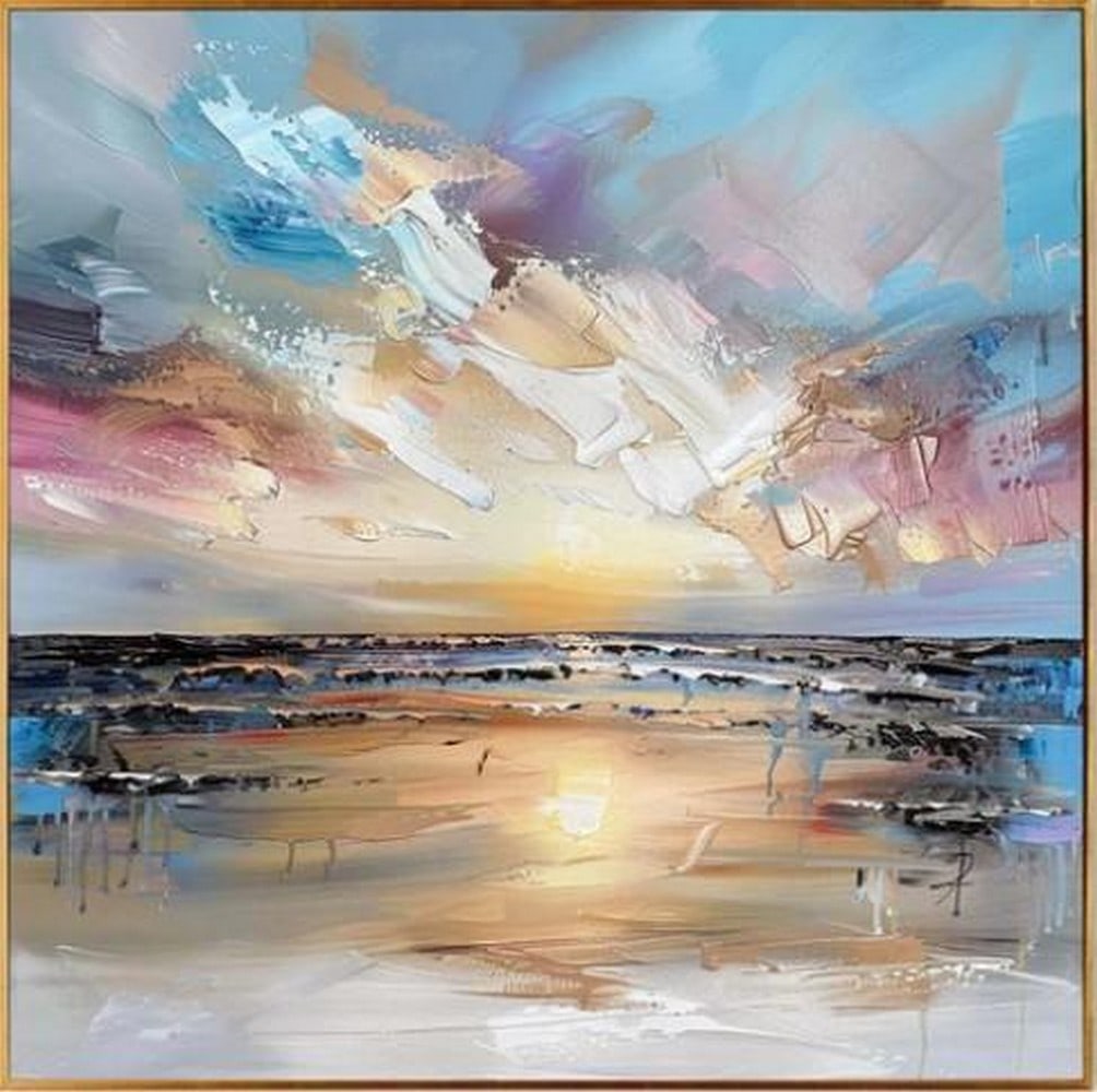 First Light at Sea: First Light as Sea First Light at Sea captures the serene beauty of a sunrise unfolding over open water. Gentle waves reflect soft hues of gold, rose, and pale blue as the sun emerges on the