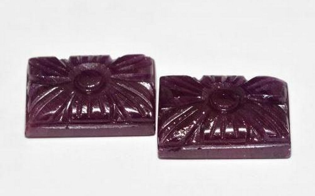 Set of Two Deep Red Ruby Flower Carvings in Rectangular Cut - 2
