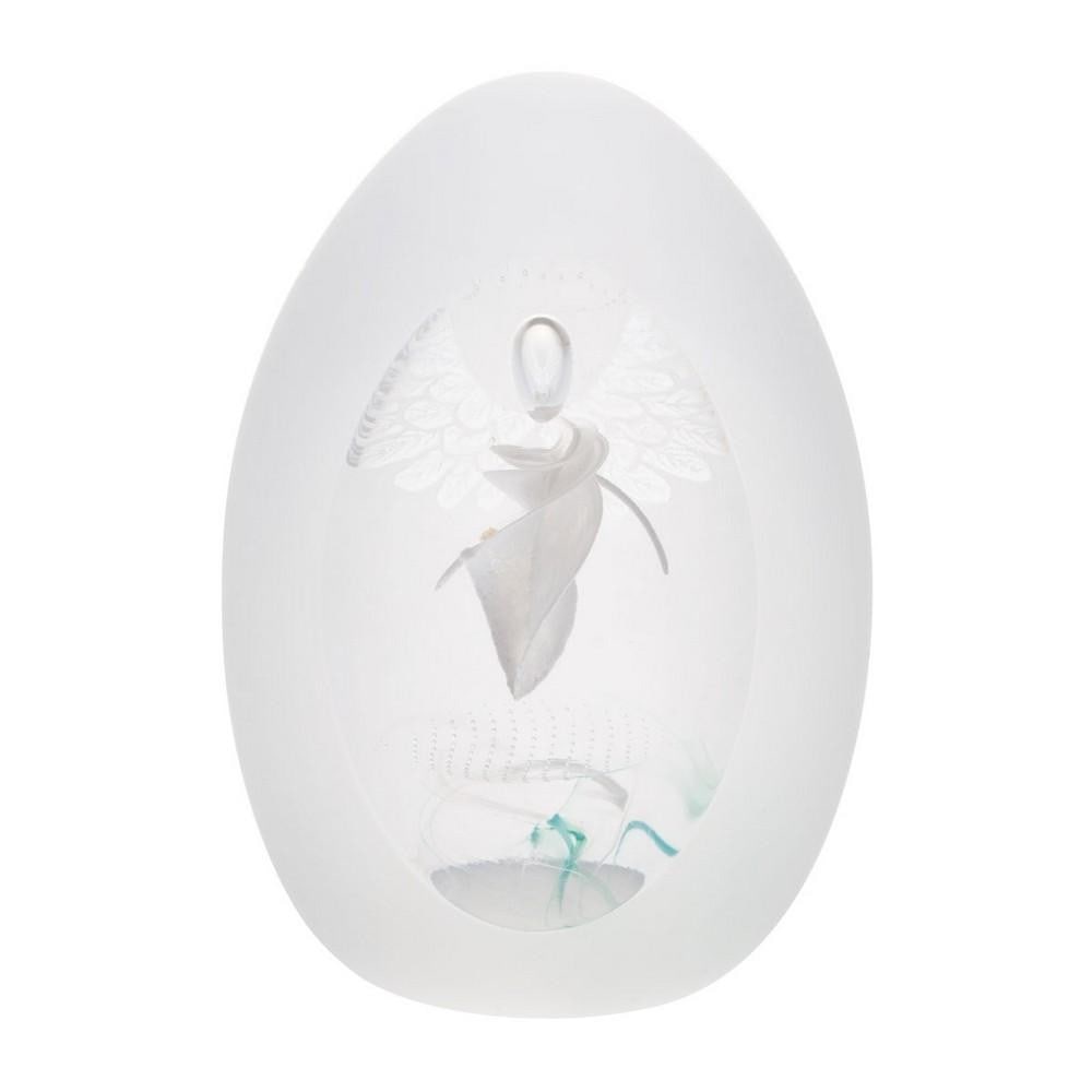 Guardian Angel Paperweight: Guardian Angel Paperweight A handcrafted glass paperweight featuring a white angel figure resting inside a frosted egg-shaped form. A clear polished window reveals the angel within, creating a quiet
