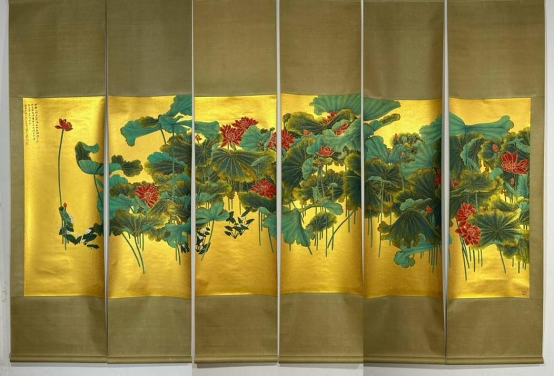 Gold Lotus Pond Six-Scroll Set Inspired By Zhang Daqian: Gold Lotus Pond Six-Scroll Set Inspired By Zhang Daqian A breathtaking six-scroll set inspired by Zhang Daqian, showcasing his exceptional mastery in portraying the serene beauty of a golden lotus po
