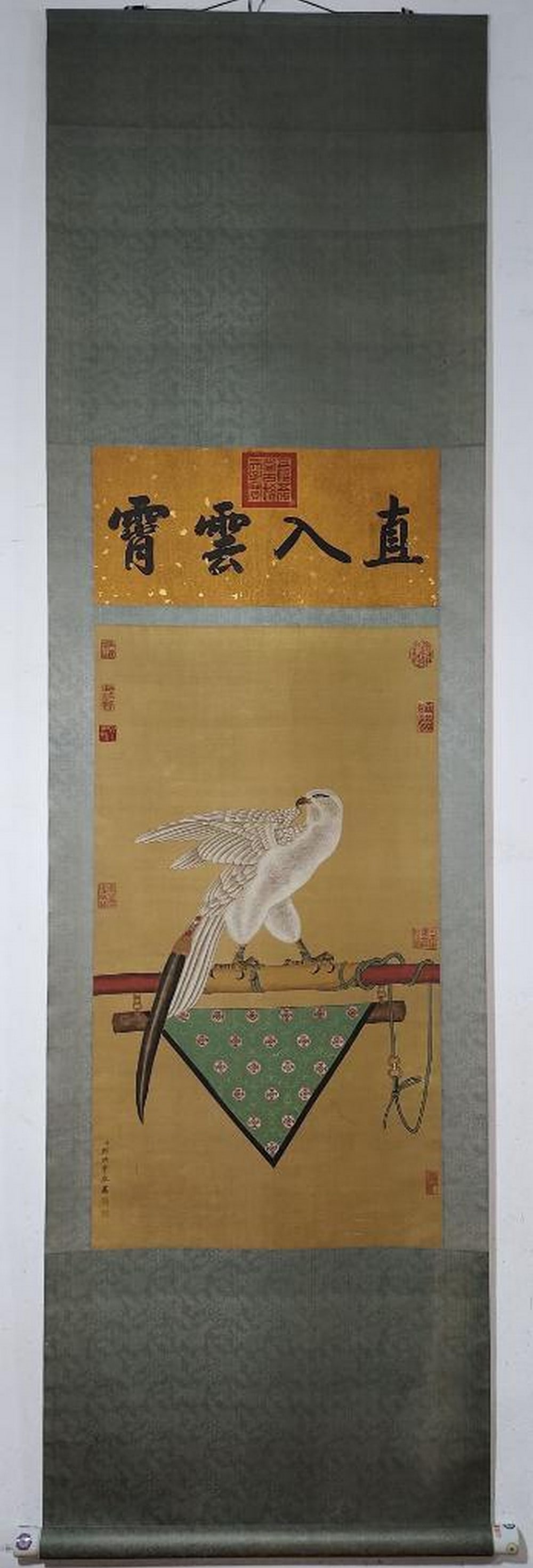White Hunter on the Takanodai Inspired Scroll Painting: White Hunter on the Takanodai Inspired Scroll Painting This striking hand painted silk scroll inspired by Qing Lang Shining presents a white falcon in regal stillness, perched on a takanodai, a tradi