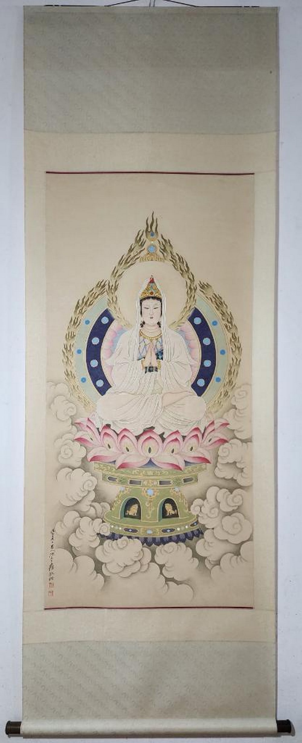 Divine Compassion Handpainted Inspired Scroll: Divine Compassion Handpainted Inspired Scroll This powerful handpainted scroll inspired by Zhang Daqian depicts Guanyin, the Bodhisattva of Compassion, rendered with a sense of serene majesty and sp