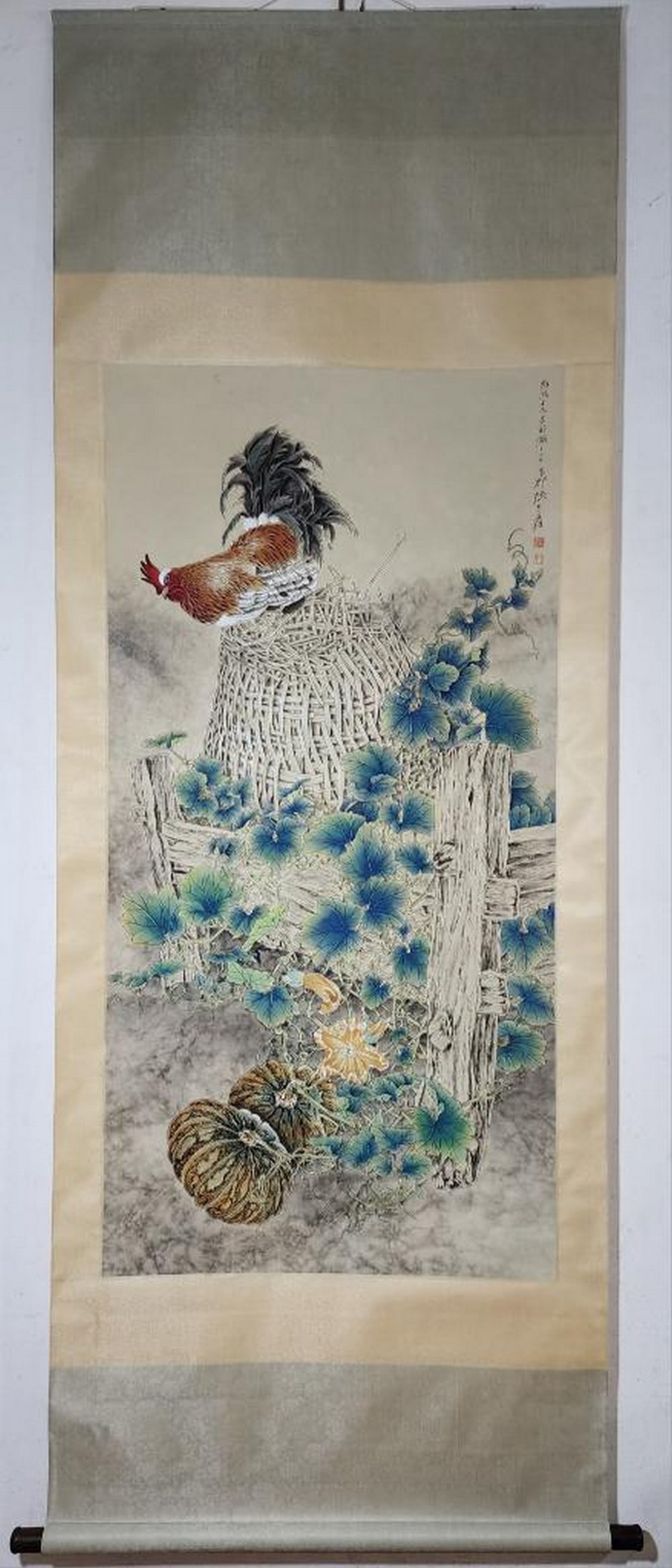 Flower and Bird Scroll Painting Inspired by Zhang Daqian: Flower and Bird Scroll Painting Inspired by Zhang Daqian This exquisite hand-painted scroll inspired by Zhang Daqian features a lively hen perched atop a woven basket, rendered with expressive