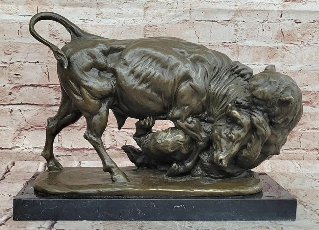 Buffalo and Bear Bronze Sculpture by Milo – 11" x 14": Buffalo and Bear Bronze Sculpture by Milo – 11" x 14" Bronze sculpture depicting a dramatic wildlife scene of a buffalo confronting a bear. The composition captures the tension and strength