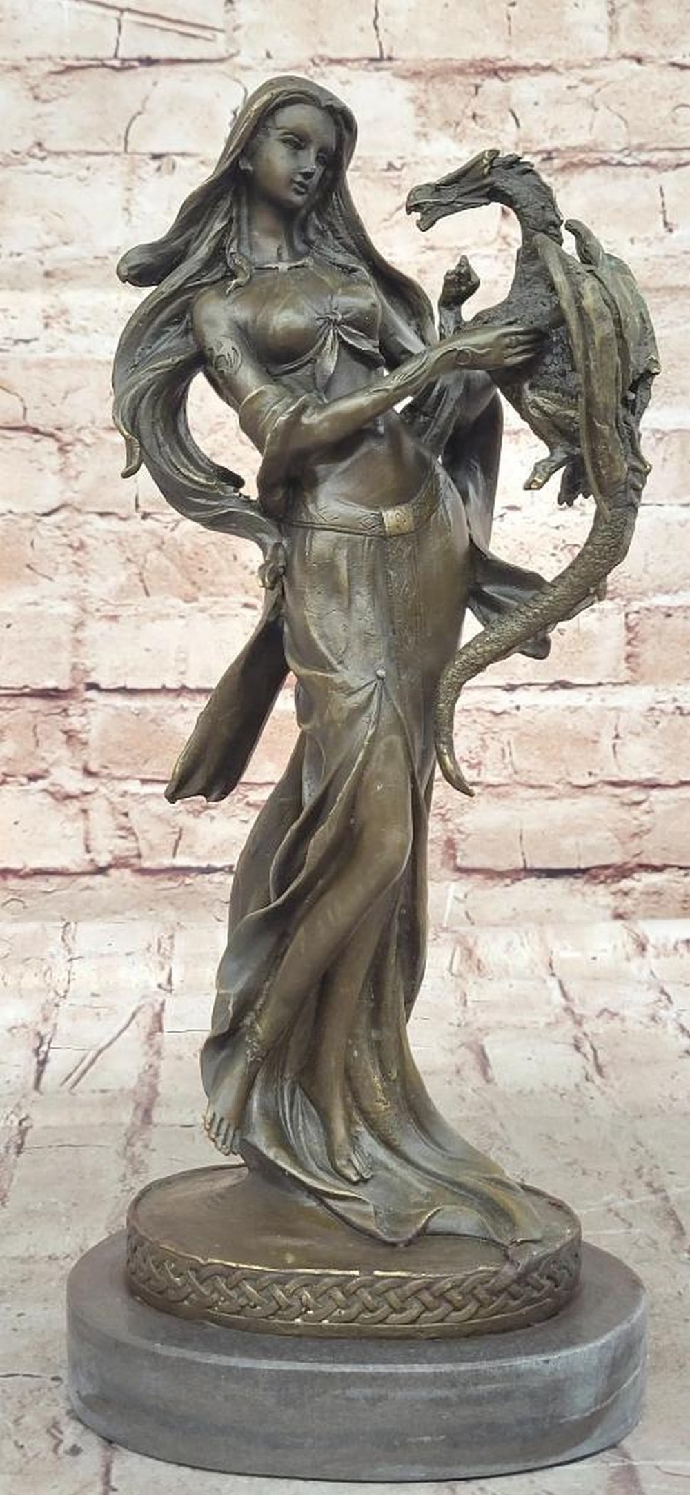 Original Signed Jean Patoue Bronze Woman and Dragon Sculpture – 13.5" x 6": Original Signed Jean Patoue Bronze Woman and Dragon Sculpture – 13.5" x 6" Handcrafted using the lost wax method, this original bronze sculpture depicts a woman standing gracefully on her to