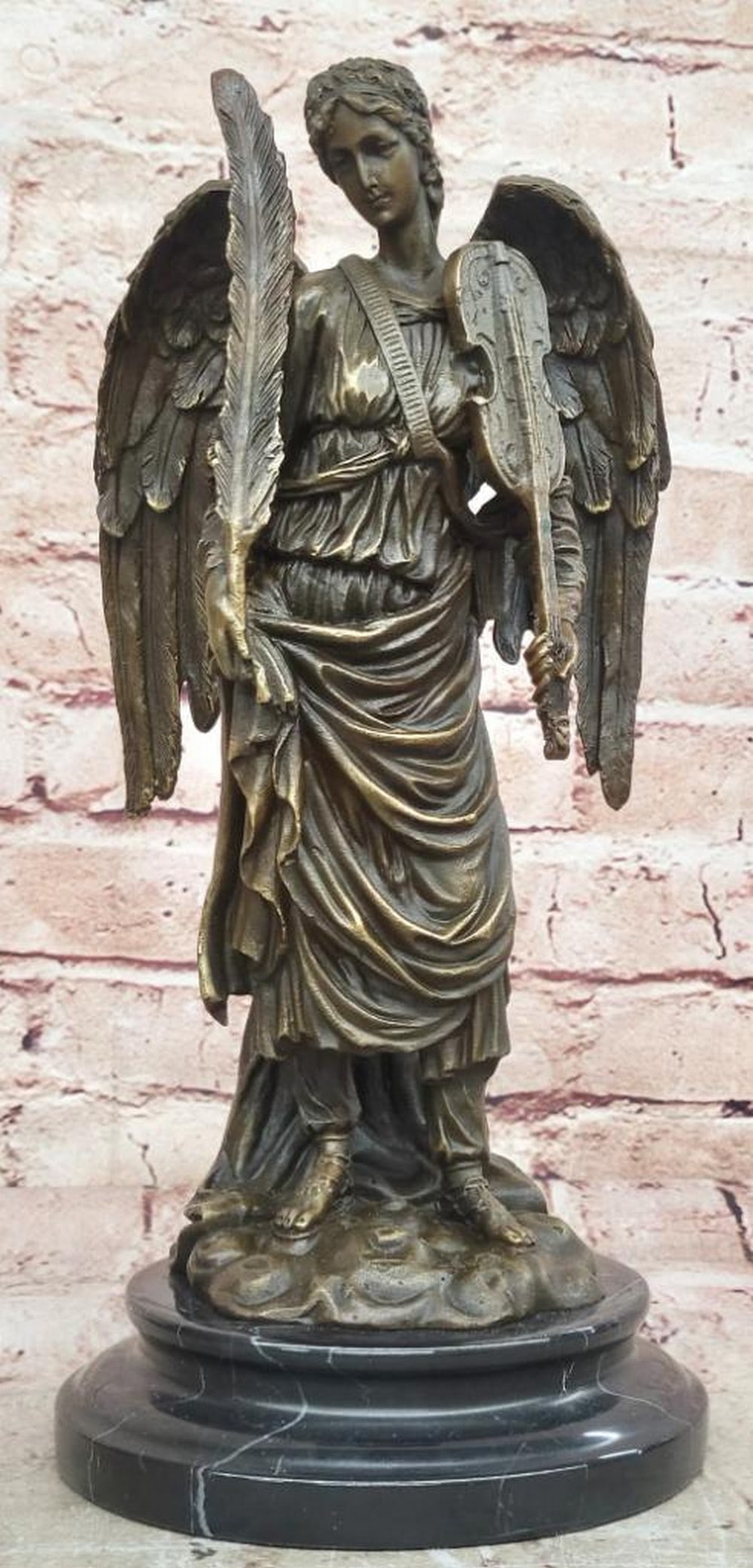 Bronze Angel with Violin Sculpture – Classical Winged Musician Statue – 12" x 7": Bronze Angel with Violin Sculpture – Classical Winged Musician Statue – 12" x 7" This bronze sculpture depicts a serene winged angel holding a violin and feather, inspired by the classical
