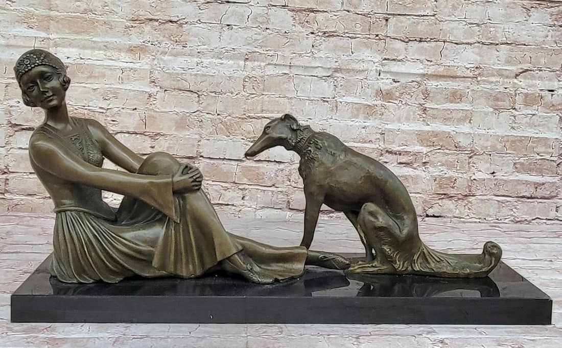 Art Deco Flapper Girl Woman with Afghan Dog Bronze Sculpture by Chiparus – 13" x 24" (1 of 12)
