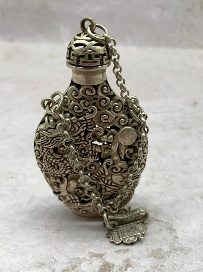 Mythical Dragon Silver Snuff Bottle - 3