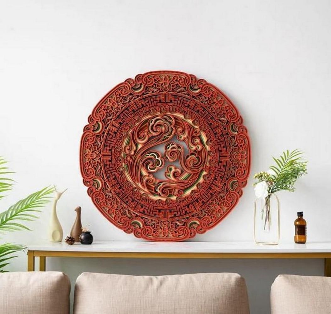 Lucky Disc Layered Wood Wall Art: Lucky Disc Layered Wood Wall Art This striking multi-layered wood wall art features an intricate mandala-inspired design, symbolizing harmony and good fortune. Precision laser-cut from MDF and