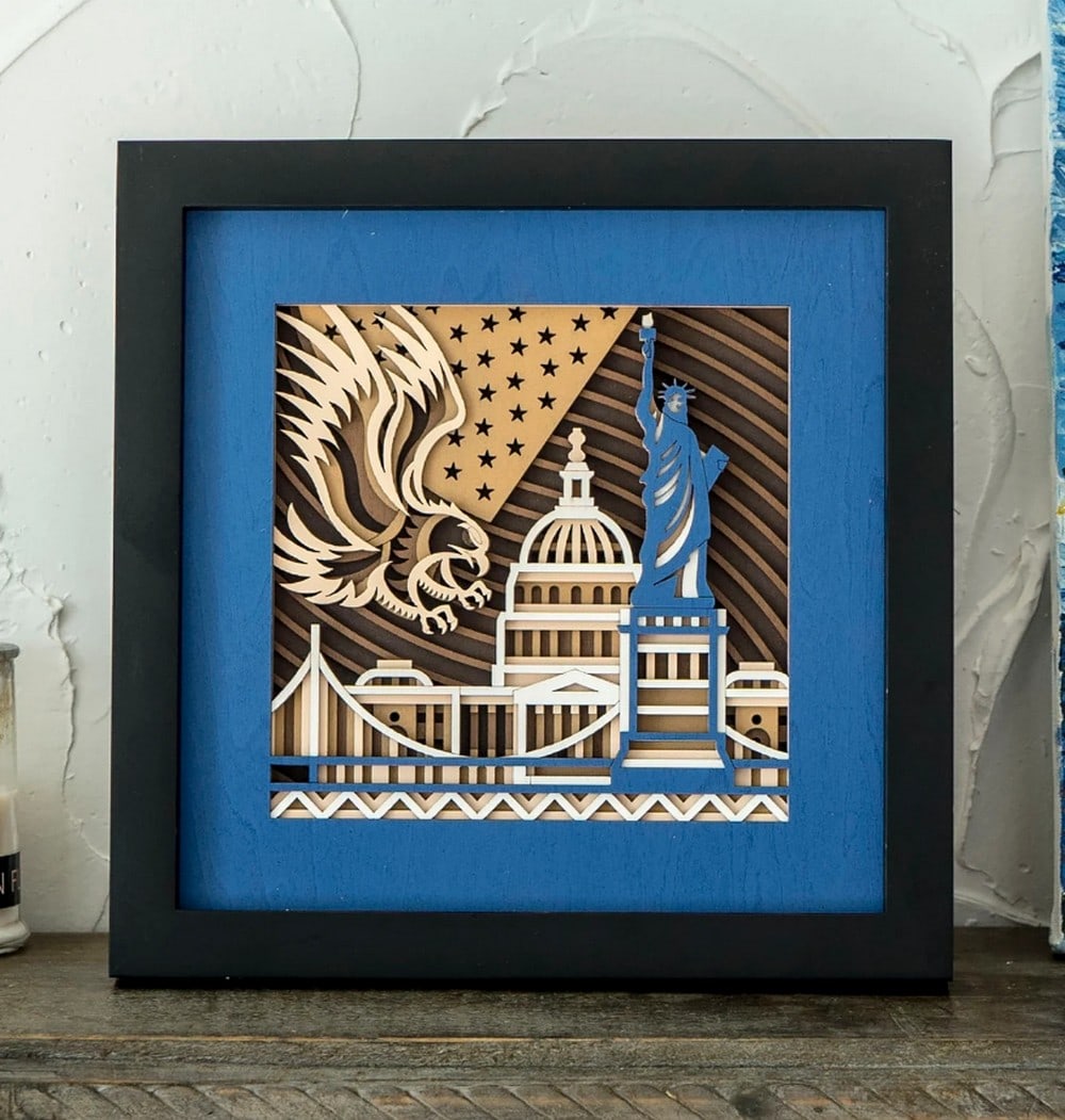 US Patriotism Multi-layer Laser Cut Wood Carving: US Patriotism Multi-layer Laser Cut Wood Carving This multi-layer wooden artwork adds a graceful and unique touch to any home. Featuring intricate, detailed patterns, it offers a visually