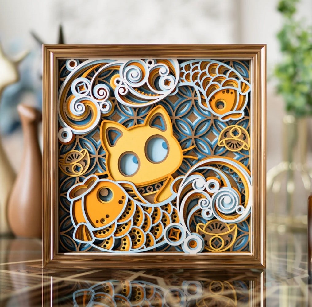 Koi and Fortune's Cat Multi-layer Laser Cut Wood Carving: Multi-layer Laser Cut Wood Carving This multi-layered wooden artwork adds elegance and uniqueness to any space. Its intricate, detailed design offers a captivating visual experience. Perfect for enh