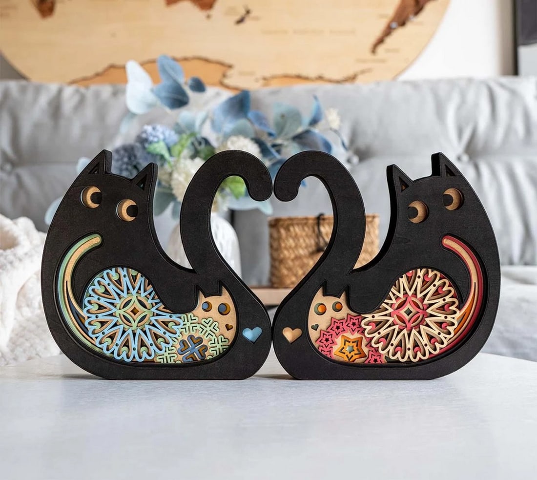 Cats of Love Multi-layer Laser Cut Wood Carving: Cats of Love Multi-layer Laser Cut Wood Carving Celebrate love and togetherness with this beautifully crafted multi-layer wooden artwork. Featuring two cats with intertwined tails forming a heart, t