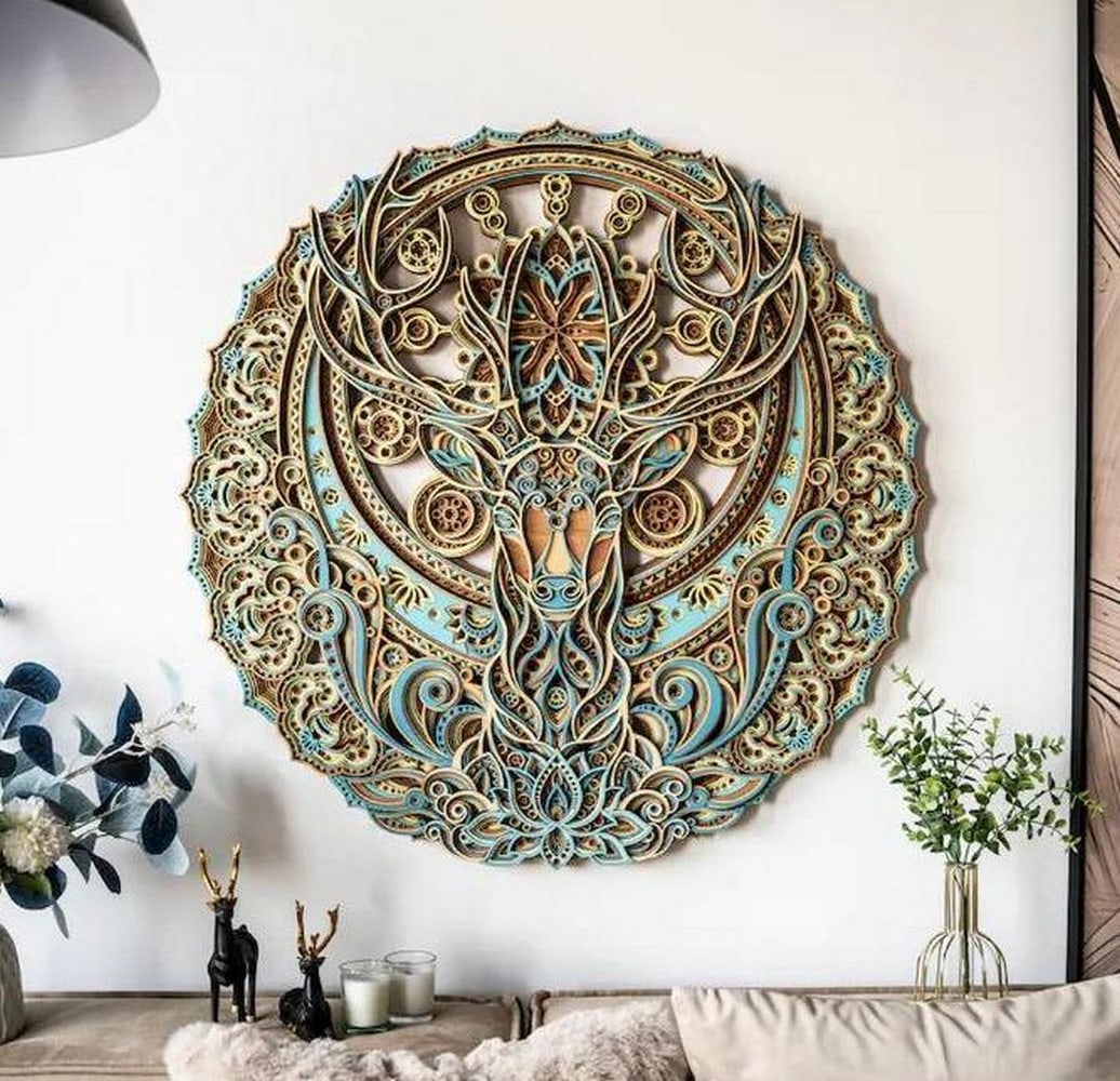 Majestic Deer Mandala Geometric Wood Wall Art: Majestic Deer Mandala Geometric Wood Wall Art Bring the serene beauty of nature and intricate craftsmanship into your home with the Majestic Deer Multi-Layer Wall Art. This geometric wooden art piece