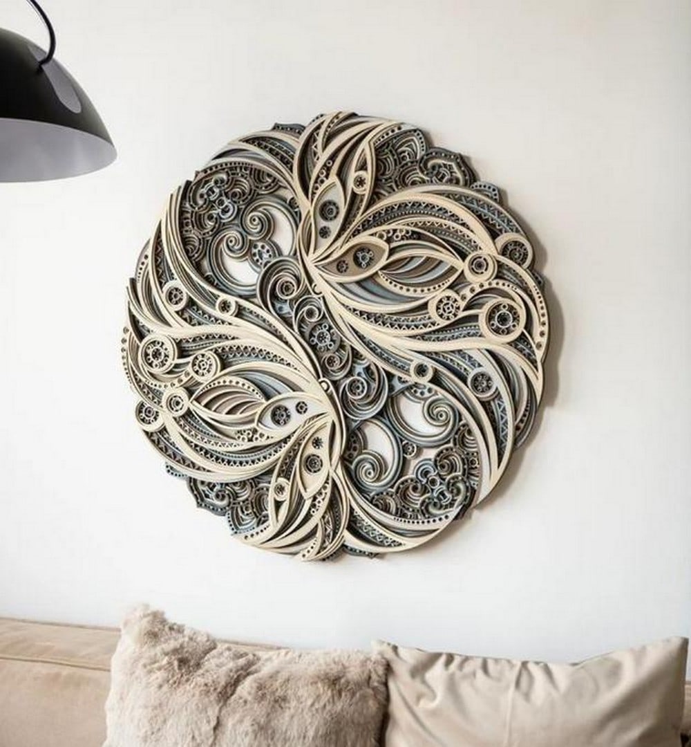 Ethereal Mandala Layered Wood Wall Art: Ethereal Mandala Layered Wood Wall Art This stunning multi-layered wood mandala brings depth and elegance to any space. Precision laser-cut from MDF, its intricate geometric patterns create a