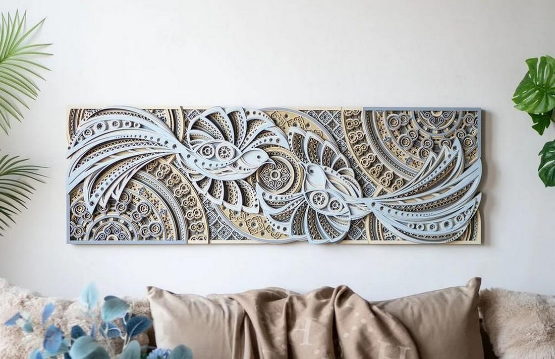 Bluebird Mandala 3D Layered Wood Wall Art: Bluebird Mandala 3D Layered Wood Wall Art Bring tranquility and beauty into your space with this stunning Bluebird Mandala 3D Layered Wood Wall Art. Intricately laser-cut from premium MDF wood, each
