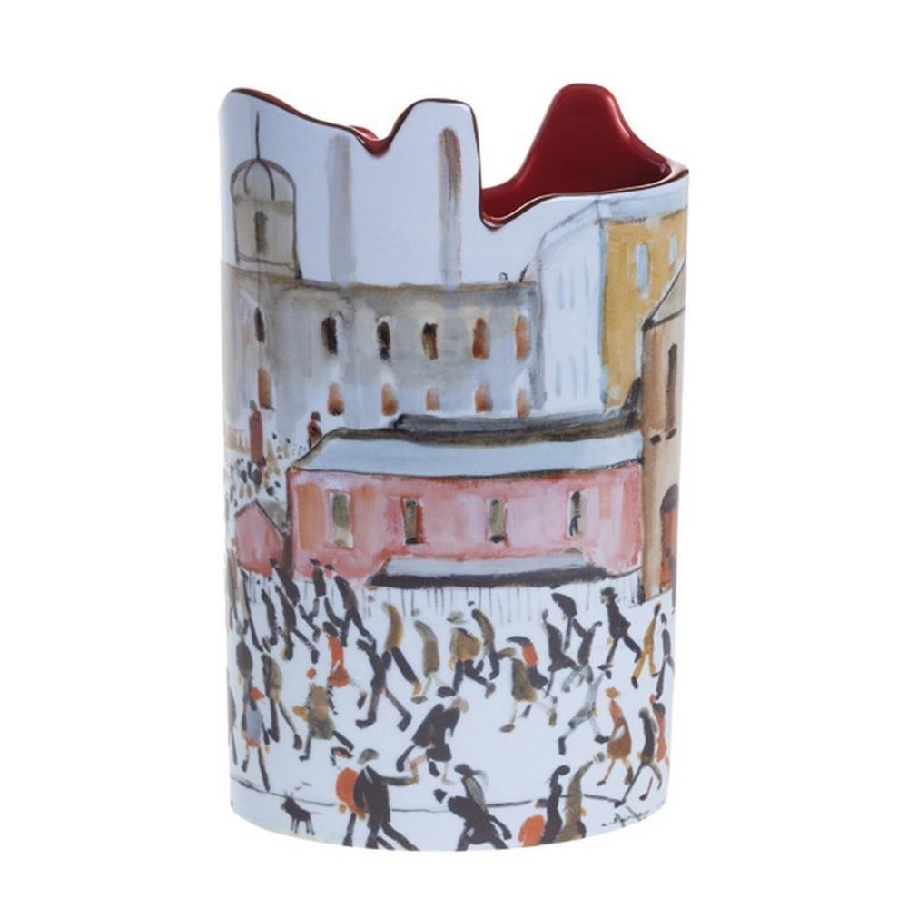Going to Work Porcelain Vase: Going to Work Porcelain Vase This porcelain vase is decorated with a scene inspired by Going to Work, capturing the quiet beauty of everyday life in an industrial town. The stylized figures and buildi