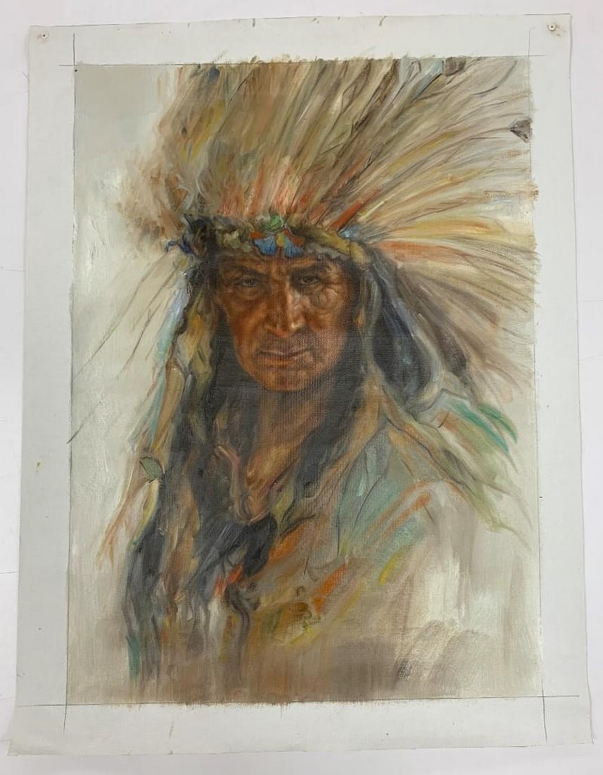 Original 20" X 28" Acrylic Of Indigenous Chief Inspired By Nicholas Raphael de Grandmaison: Original 20" X 28" Acrylic Of Indigenous Chief Inspired By Nicholas Raphael de Grandmaison, CM, RCA(1892-1978) Nicholas de Grandmaison was a prolific and influential portrait artist known for