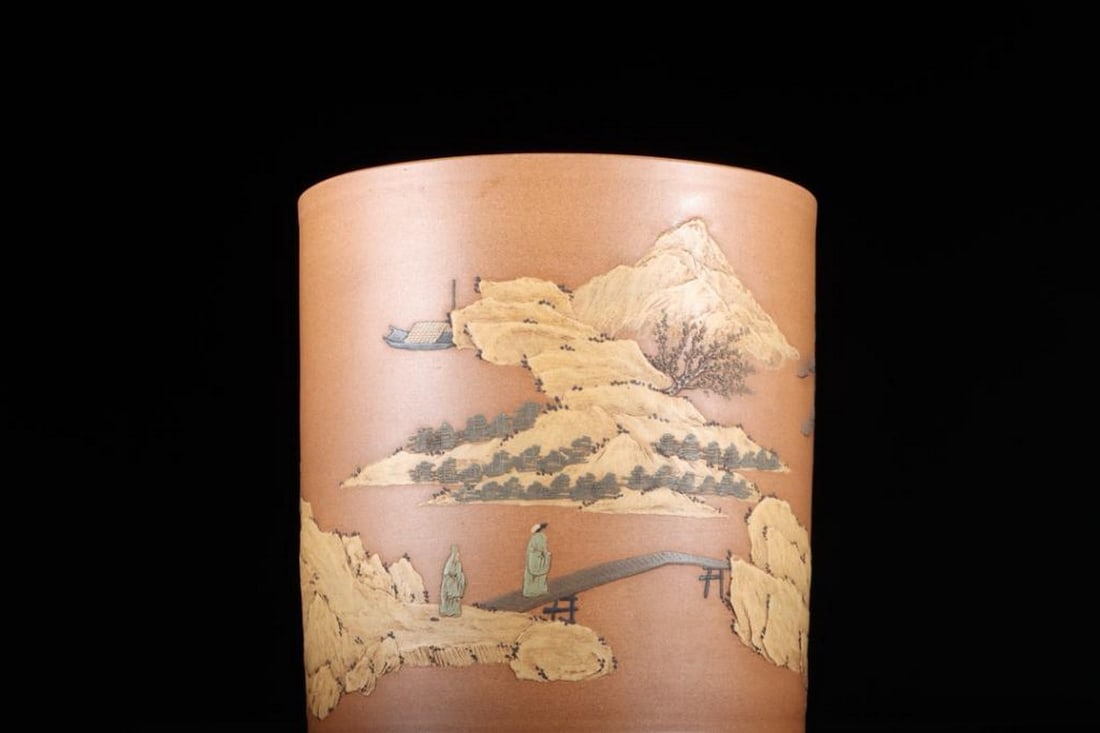 Landscape Zisha Pen Pot: Landscape Zisha Pen Pot This exquisite Zisha pen pot features a detailed landscape of traditional Chinese houses nestled in the mountains, surrounded by elegant trees and natural beauty. Perfectly co
