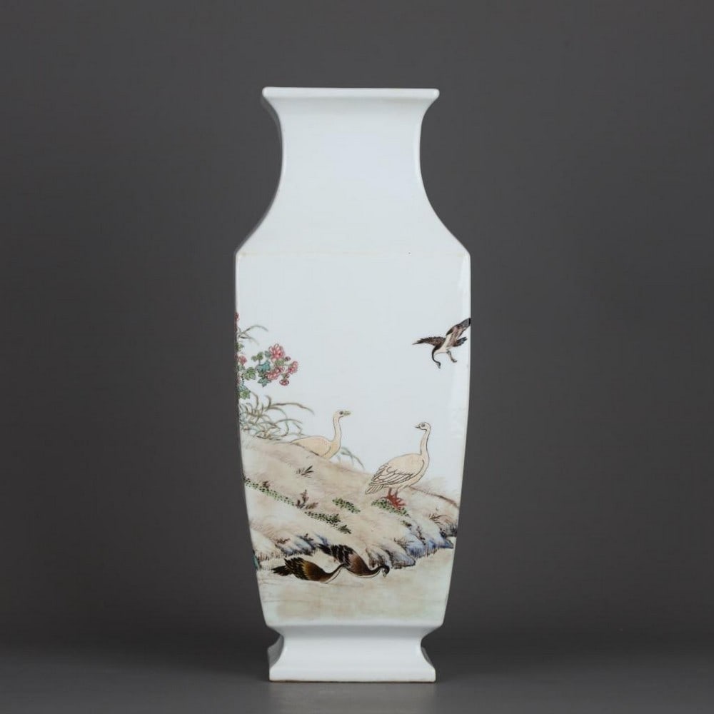 Famille Rose Square Vase with Flower and Bird Motif: Famille Rose Square Vase with Flower and Bird Motif An exquisite square porcelain vase inspired by Qing Dynasty (1736–1795), masterfully decorated in the famille rose palette with a dynamic and poe